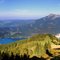 Panorama-5-lakes...From the left to the right..Fuschlsee,Zellersee (or else Irrsee,a small white) behind 2 mountain tops, in the middle Mondsee, Krottensee (a small dark spot next to a yellow castle)  ...and the big one  Wolfgangsee...(by Sylvietsak)