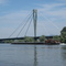 Donaubrücke Deggenau und Gütermotorschiff/Frachtschiff von Isarmündung aus gesehen, 08/2007, (MT)