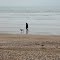 Chilly day, dog walker in Weymouth Sea beach, Dorset.