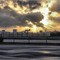 CHERBOURG : Zone portuaire au soleil couchant depuis le parking d'embarquement des ferries.