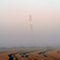 Foggy oil rig in rice field