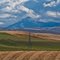 Telephoto. Farm fields in the late fall beneath the snowy Deep Creek Mountains