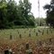 graves and flags in Confederate cemetery with burned-out single-wide trailer in background, Kittrell, NC, 10-15-09