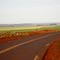 Cidade de Sertãozinho vista da rodovia vicinal, com canaviais por todo o lado