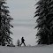 Skiier and Snowboarder at the Head of an Intermediate Run, Tamarack Resort, Donelly, Idaho